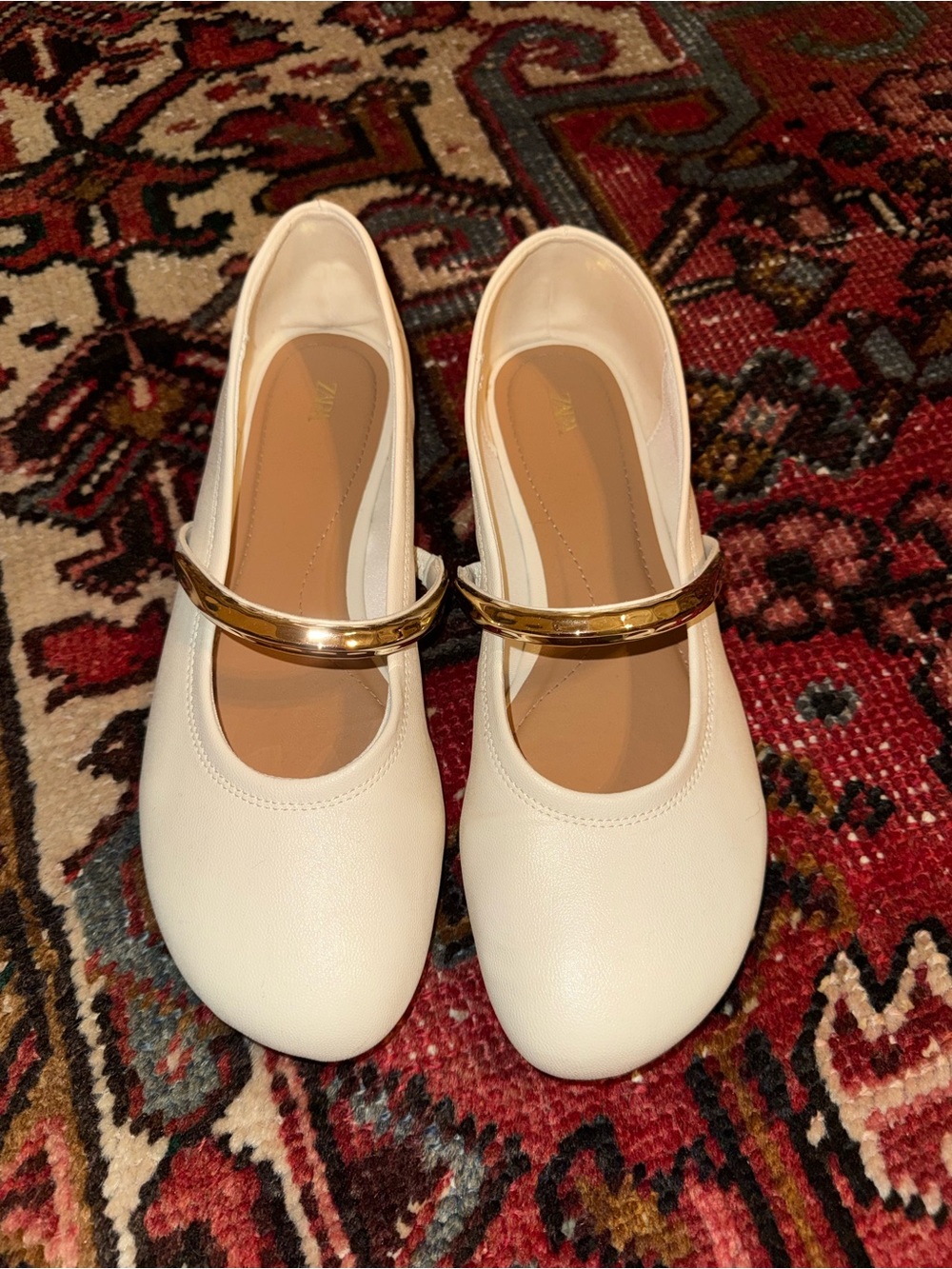 Zara White Mary Jane Flats with Gold Accent Strap